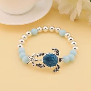 Cute Blue and Silver Sea Turtle and Starfish Beaded Bracelet